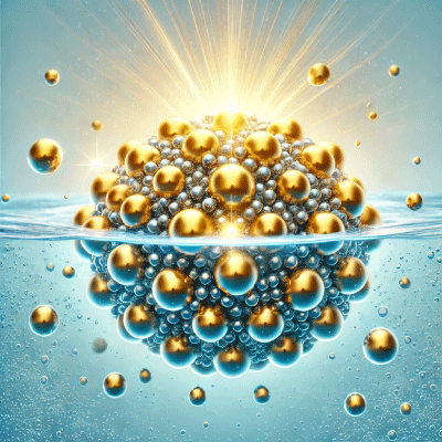 Scientific illustration of spherical gold nanoparticles in water with light rays showing fluorescence emission.